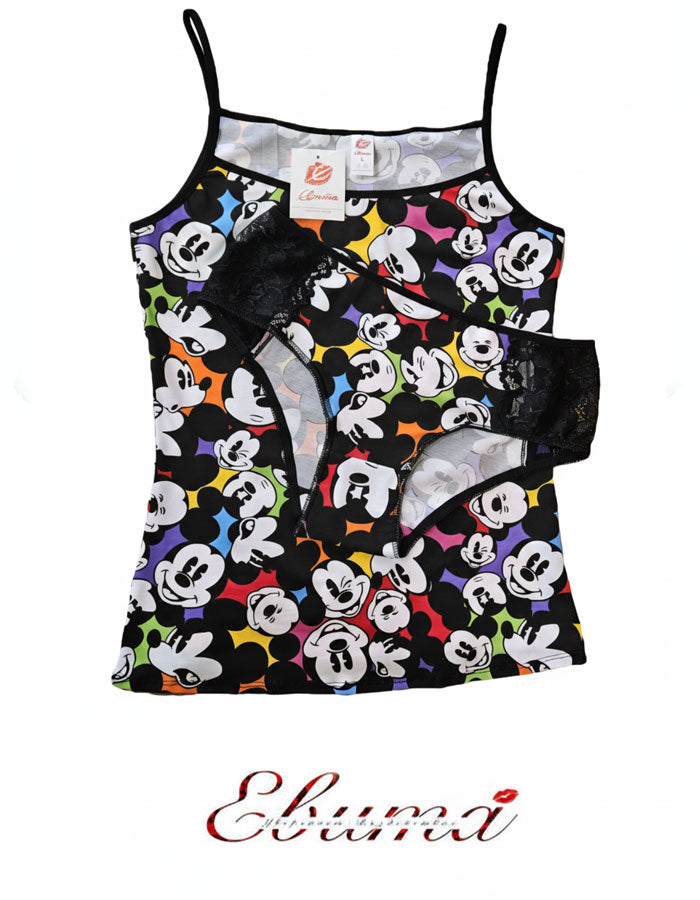 Памучен комплект от потник с тънки презрамки и бикина Мики Маус, 051252