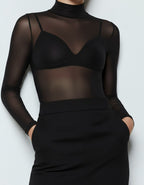 Боди блуза с полуполо от тюл, ПРАШКА, черен, 066