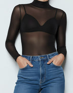 Боди блуза с полуполо от тюл, ПРАШКА, черен, 066