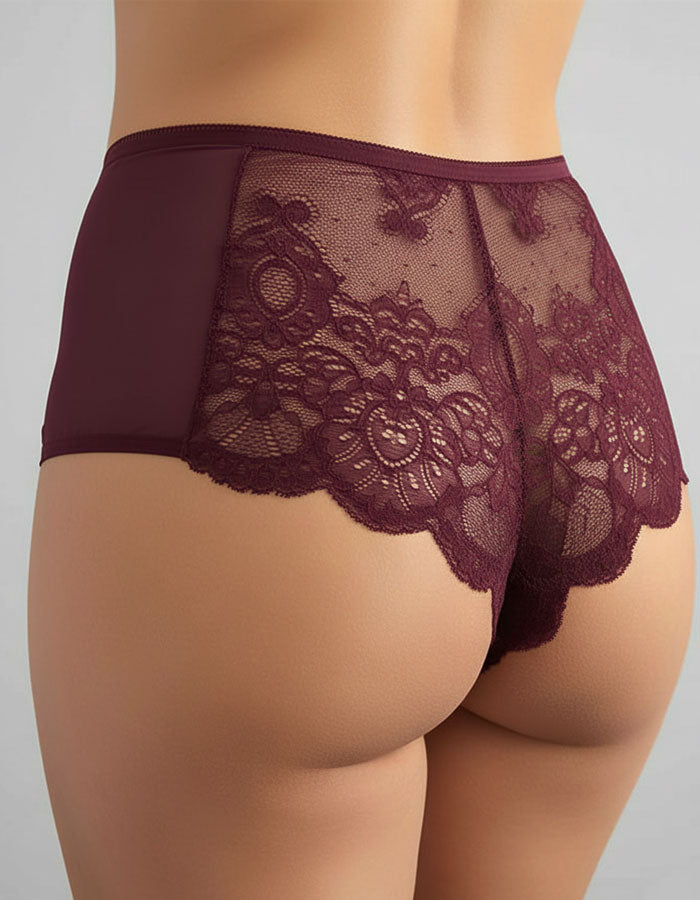Луксозна дантелена бразилиана с висока талия, бордо с бежово, 082