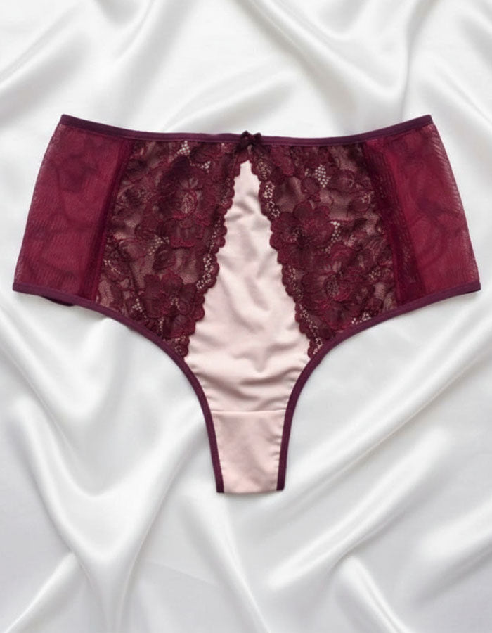 Луксозна дантелена бразилиана с висока талия, бордо с бежово, 082