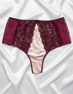 Луксозна дантелена бразилиана с висока талия, бордо с бежово, 082