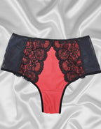 Луксозна дантелена бразилиана с висока талия, черно с червено, 082