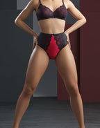 Луксозна дантелена бразилиана с висока талия, черно с червено, 082