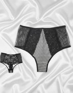 Луксозна бразилиана с висока талия, черно с цветен десен, 082