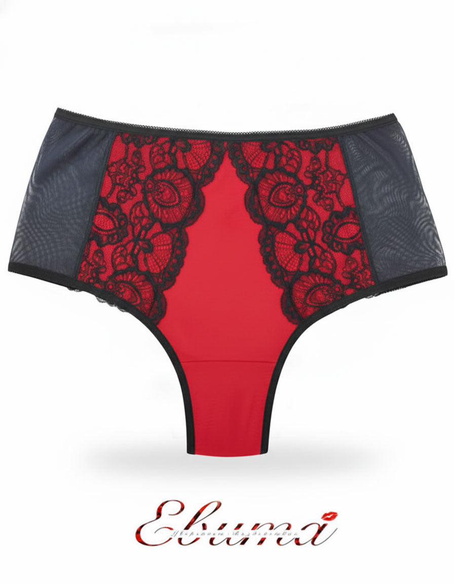 Луксозна дантелена бразилиана с висока талия, черно с червено, 082