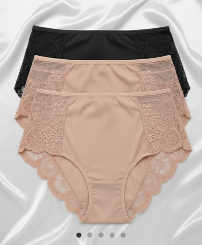 Сет от 3 броя луксозни бикини с висока талия от микрофибър и дантела, Микс, 112