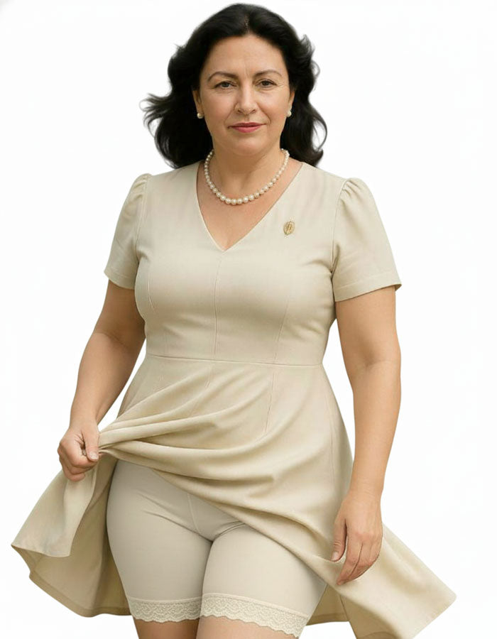 Зоната, където е хигиенното памучно парче е подсилено с допълнителни шевове за повече здравина.
Дантелата, която се слага за завършек, освен че стой красиво, не допуска набиране нагоре и е мека и еластична, което няма да дразни кожата.
Тук се вижда, че памучното хигиенно парче покрива цялата зона в удобна ширина, т.е можете да носите боксерът без бельо, защото е достатъчно покривно.
Моделът е подходящ за едри дами и служи против протриване на бедрата.
Дизайнът на дантелата може да се различава от този на сн