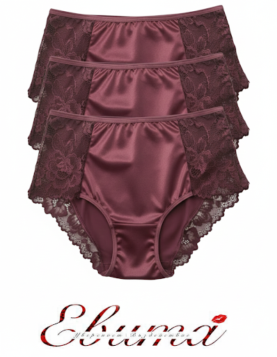 Сет от 3 броя луксозни бикини с висока талия от микрофибър и дантела, бордо, 112