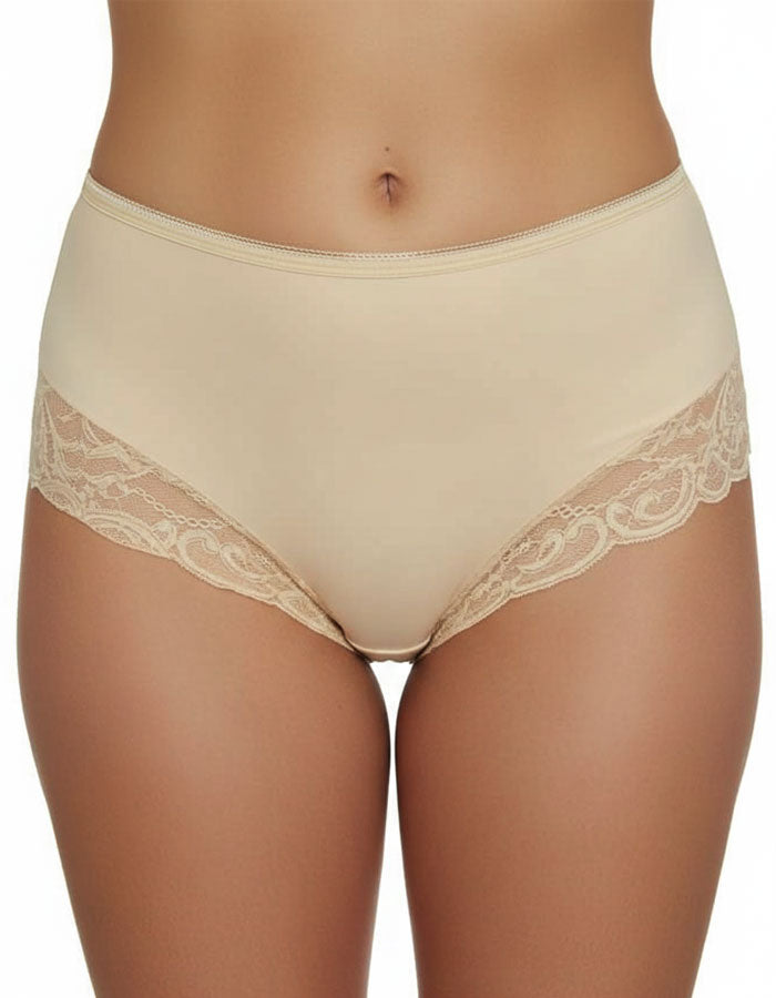 Луксозна бикина с висока талия от микрофибър и дантела, бежово, 264