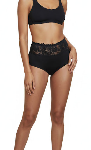 Луксозна бикина с висока талия от микрофибър и дантела,черен, 280