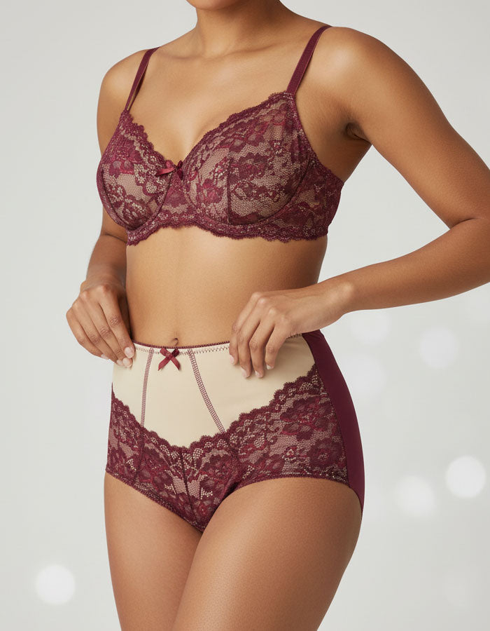 Луксозна бикина от микрофибър и дантела, бордо , 289