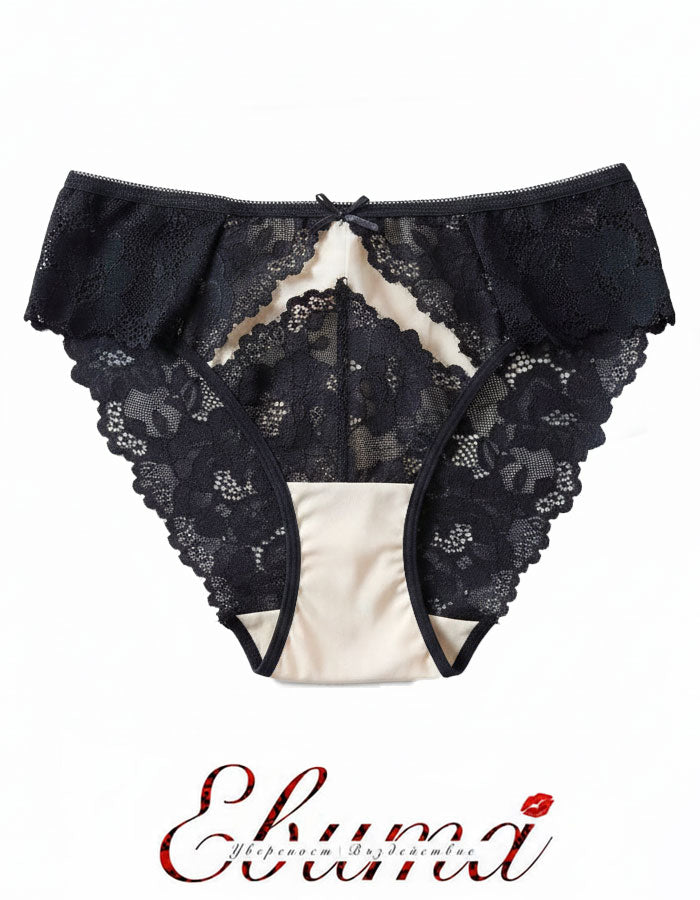 Представяме ви нашата авторска бикина – истинска прелест от дантела и тюл в изискани нюанси на черно и бежово. Този модел със средна дълбочина съчетава елегантността на дантелата с нежността на тюла, създавайки впечатляваща визия, която пленява.

Фините дантелени детайли са изкусно вплетени с прозирния тюл, образувайки красива заигравка между текстурите, която придава на бикината уникален и чувствен вид.
Макар дизайнът на дантелата да може да варира, всяка бикина е създадена с безкомпромисно внимание към де