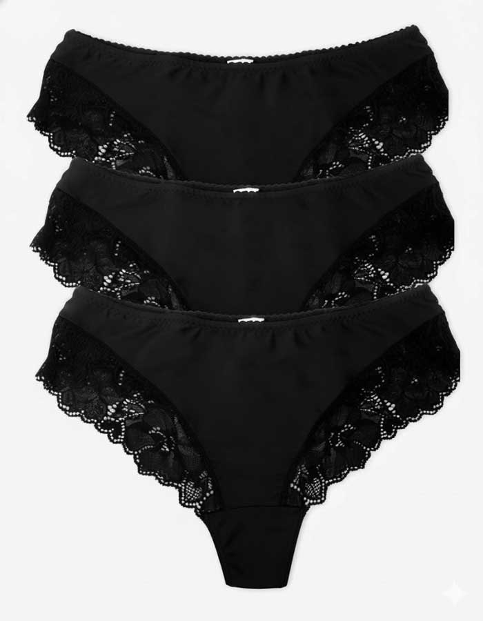 СЕТ 3 броя луксозни бразилиани от микрофибър и дантела, черен,  402