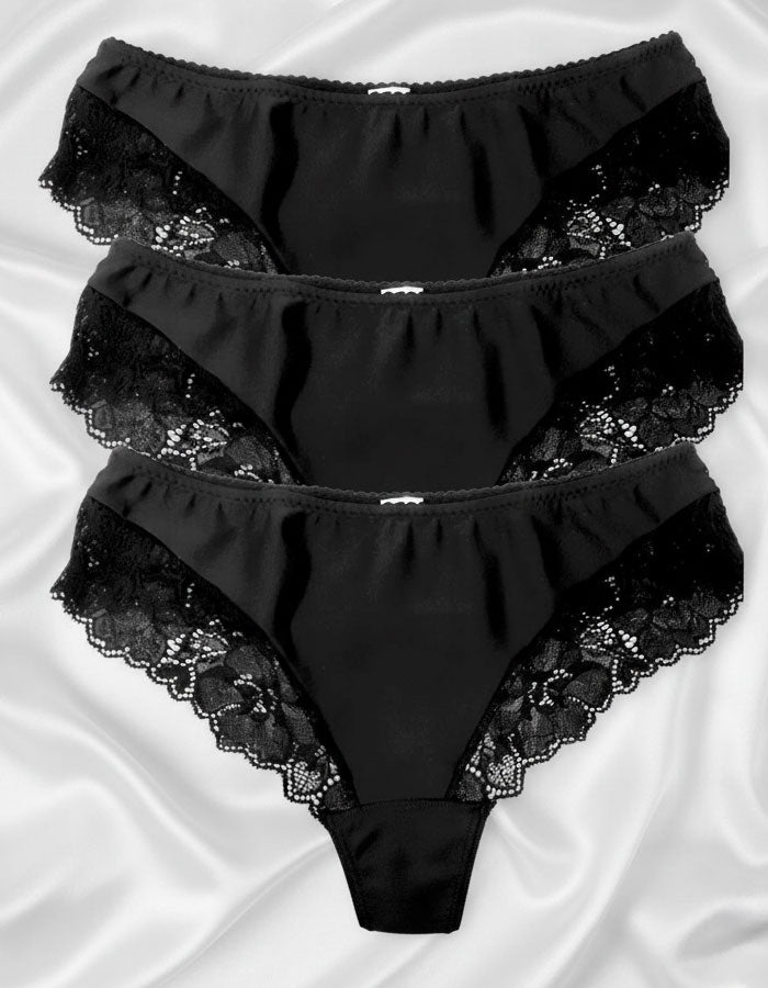 СЕТ 3 броя луксозни бразилиани от микрофибър и дантела, черен,  402