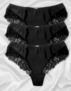 СЕТ 3 броя луксозни бразилиани от микрофибър и дантела, черен,  402