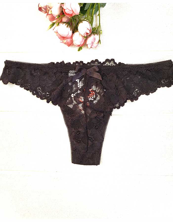 Дантелена бразилиана с голяма панделка отзад, черен , 407