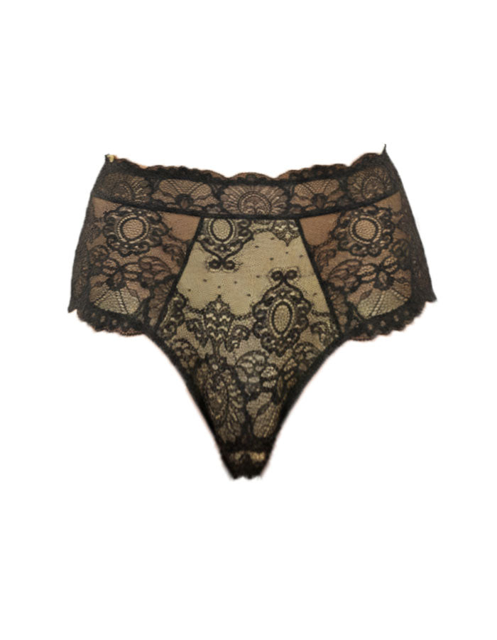 Висока талия бразилиана от дантела, черно/бежово, 492