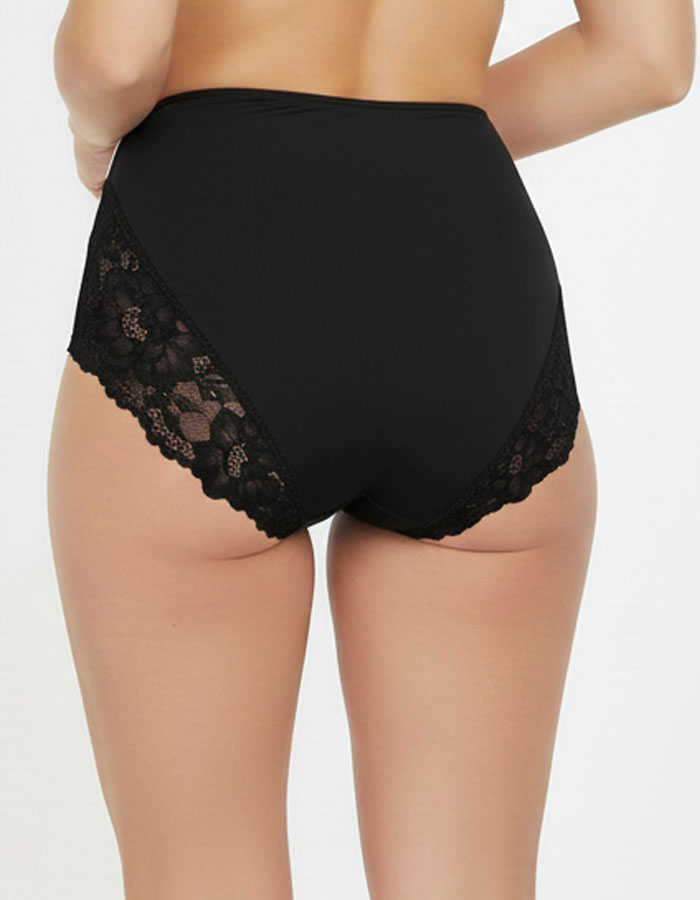 Този нов модел е създаден да комбинира практичност, елегантност и удобство:

Висока талия до пъпа – визуално издължава силуета и осигурява комфортна стабилност.

Мек и еластичен двойно прегънат ластик на предницата – гарантира нежно прилягане без усещане за стягане.

Фина дантела върху микрофибъра – придава стил и женствена изтънченост.

Гръб с комбинация от микрофибър и дантелен завършек – елегантен контраст и ефектна визия.

Подсилено памучно дъно със скрити шевове – за свежест, хигиена и максимално удобс