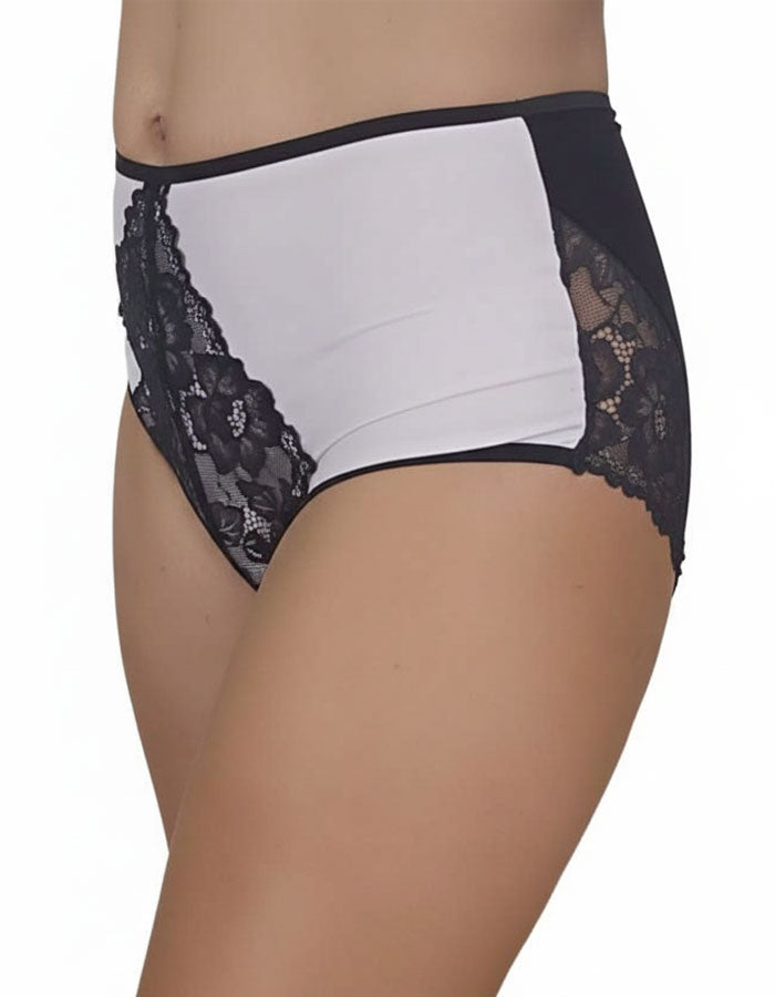 Този нов модел е създаден да комбинира практичност, елегантност и удобство:

Висока талия до пъпа – визуално издължава силуета и осигурява комфортна стабилност.

Мек и еластичен двойно прегънат ластик на предницата – гарантира нежно прилягане без усещане за стягане.

Фина дантела върху микрофибъра – придава стил и женствена изтънченост.

Гръб с комбинация от микрофибър и дантелен завършек – елегантен контраст и ефектна визия.

Подсилено памучно дъно със скрити шевове – за свежест, хигиена и максимално удобс