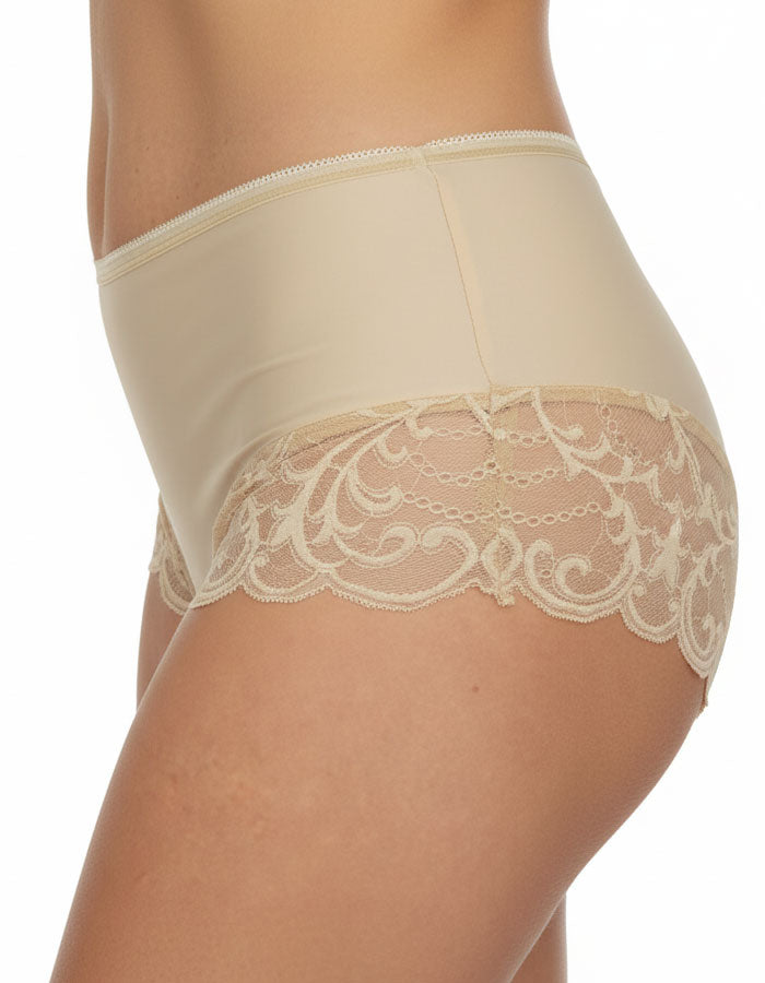 Луксозна бикина с висока талия от микрофибър и дантела, бежово, 264