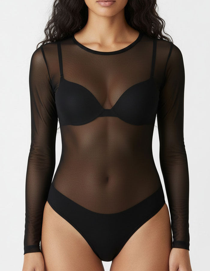 Боди блуза от тюл, БИКИНА, черен, 055