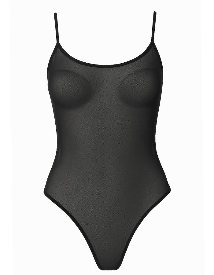 Боди с тънка презрамка от тюл, ПРАШКА, черен, 057