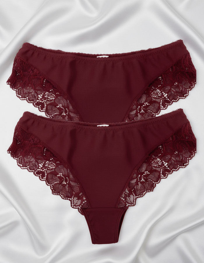 СЕТ 2 броя луксозни бразилиани от микрофибър и дантела, бордо , 402